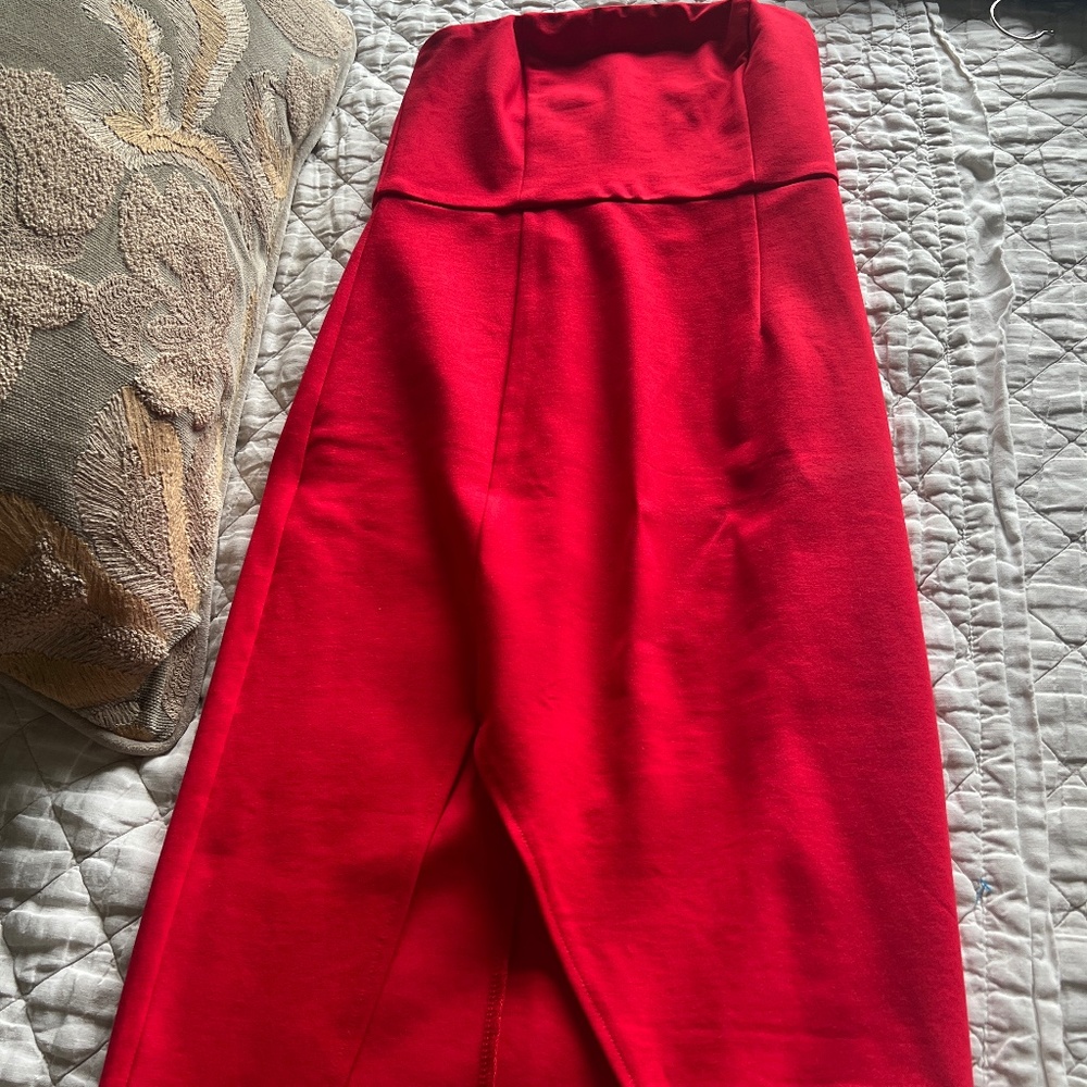 Lulus Strapless Red Midi Dress with Front Slit (Size S)